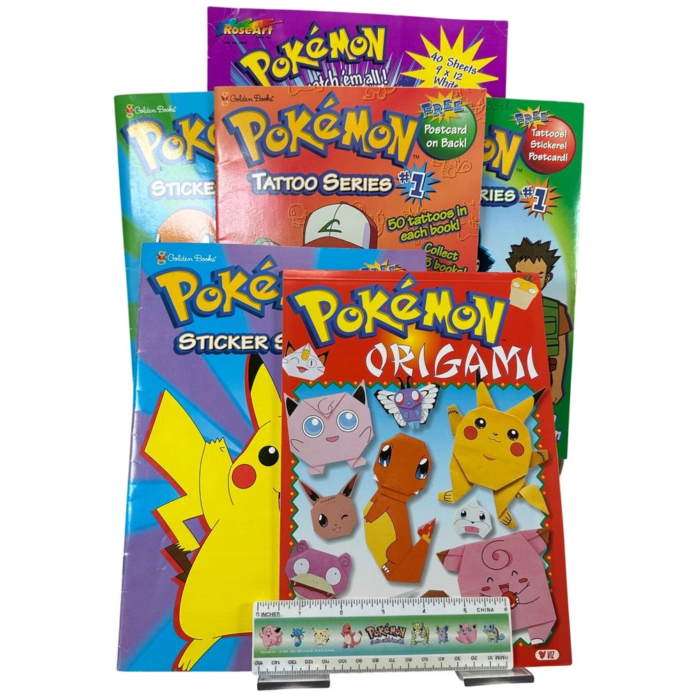 VTG Pokemon Book Lot Origami Sticker Tattoo Collector Series RoseArt Ruler 90s
